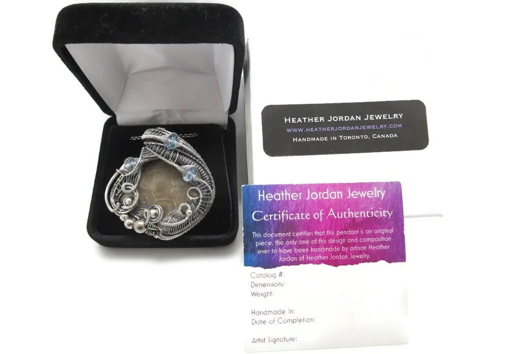 Petoskey Stone Pendant Necklace in Sterling Silver, Wire Wrapped with Blue Topaz
