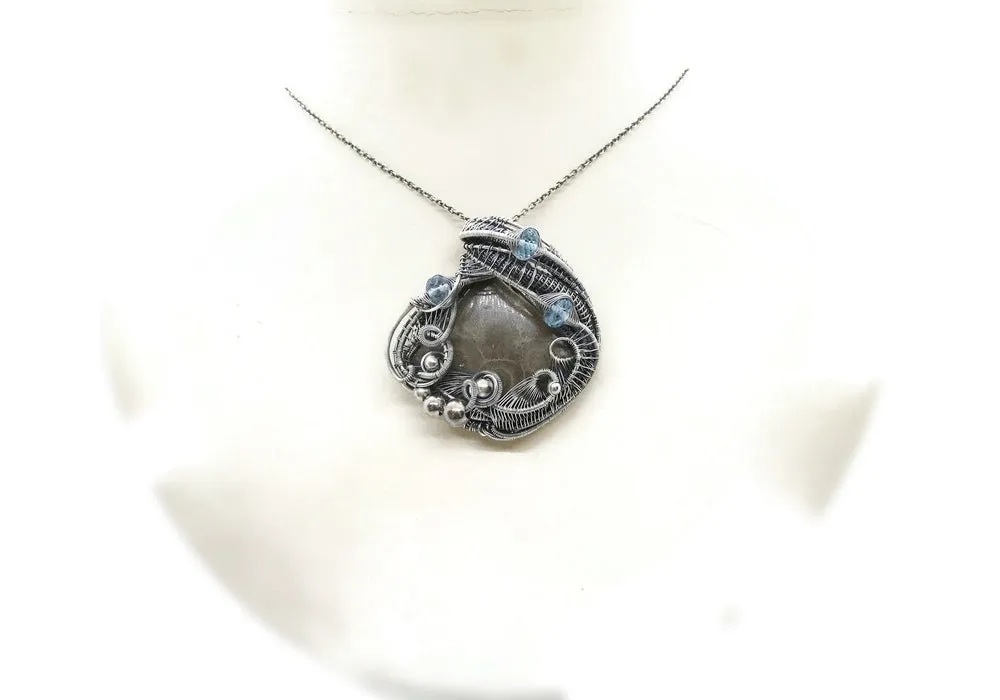 Petoskey Stone Pendant Necklace in Sterling Silver, Wire Wrapped with Blue Topaz