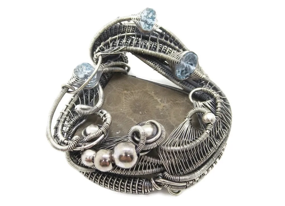 Petoskey Stone Pendant Necklace in Sterling Silver, Wire Wrapped with Blue Topaz