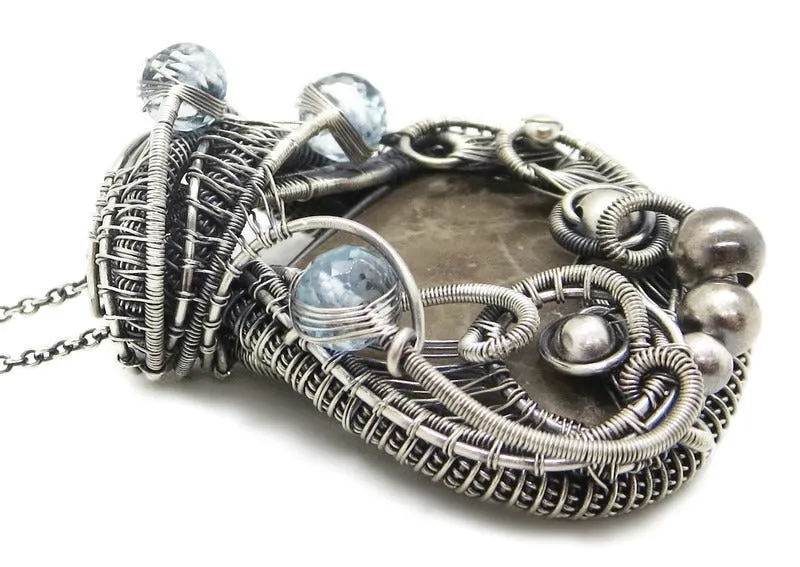Petoskey Stone Pendant Necklace in Sterling Silver, Wire Wrapped with Blue Topaz