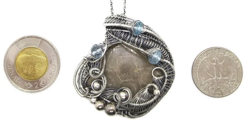 Petoskey Stone Pendant Necklace in Sterling Silver, Wire Wrapped with Blue Topaz