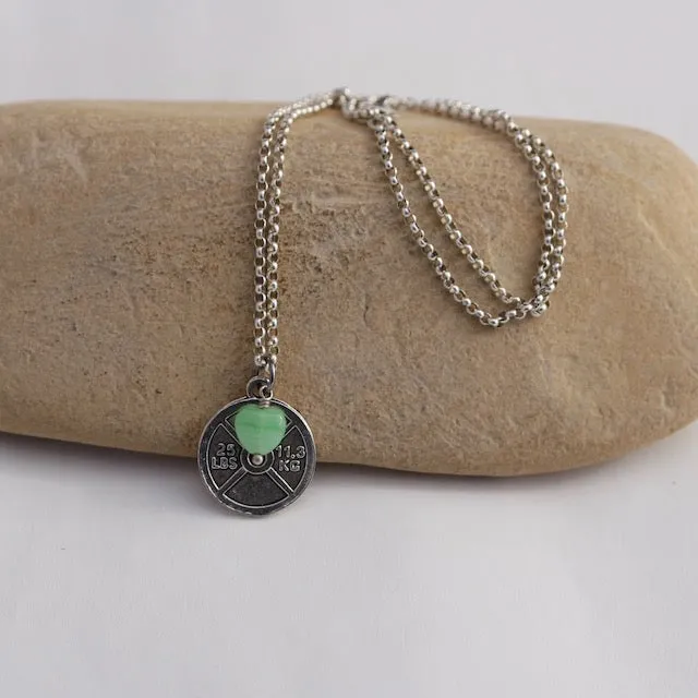 Pewter weight plate pendant necklace on sterling chain with glass heart