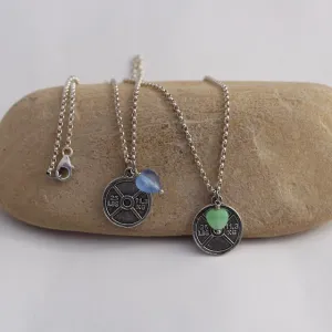 Pewter weight plate pendant necklace on sterling chain with glass heart