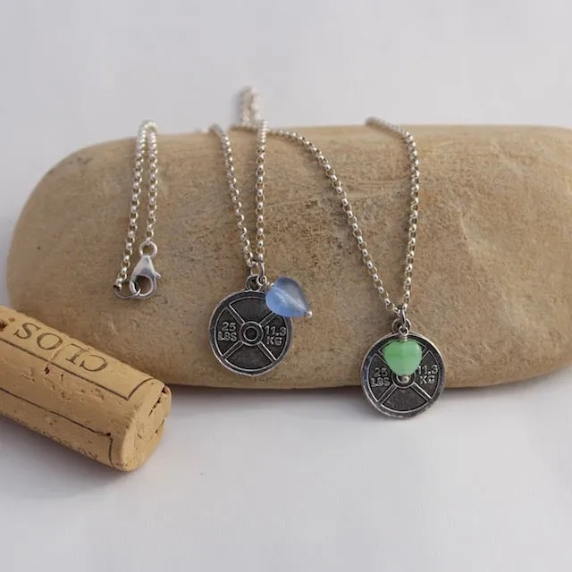 Pewter weight plate pendant necklace on sterling chain with glass heart