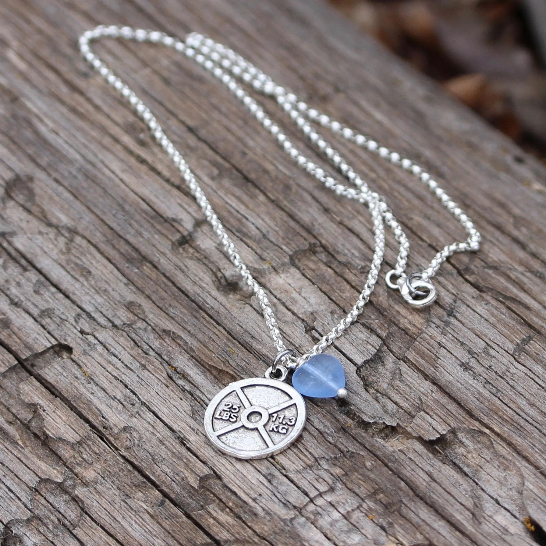 Pewter weight plate pendant necklace on sterling chain with glass heart