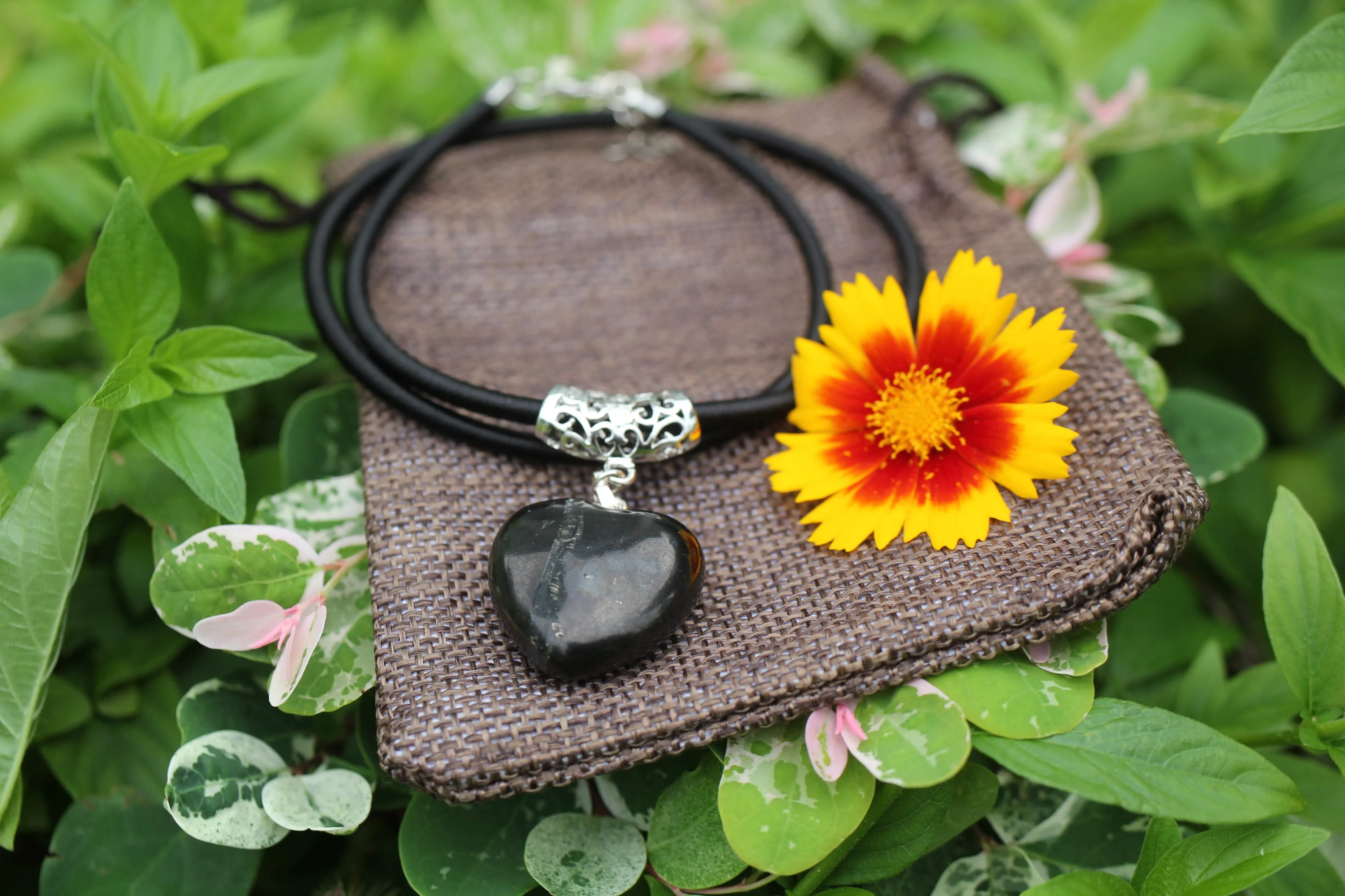 Puffy Heart Polished 100% Shungite Pendant and Leather Necklace