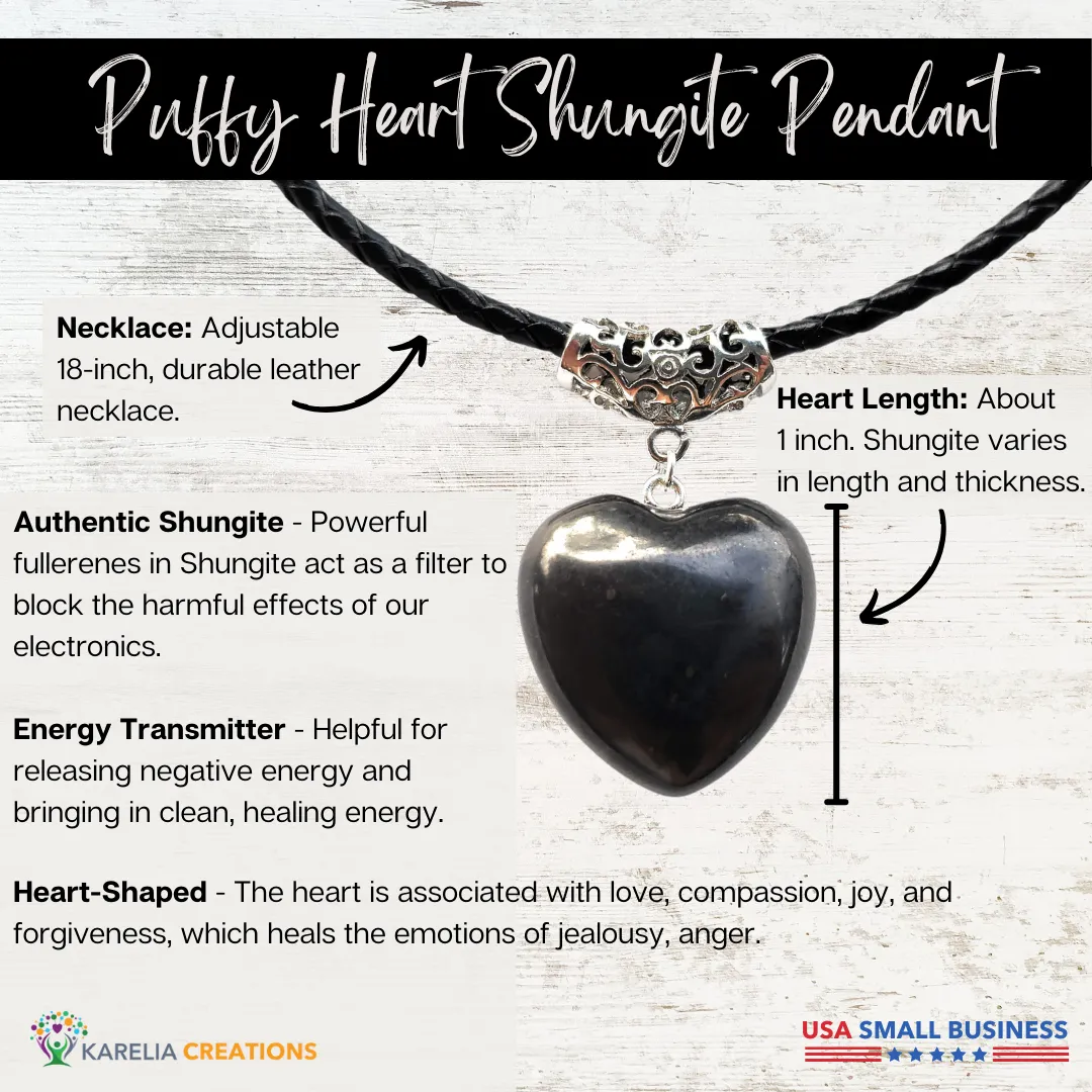 Puffy Heart Polished 100% Shungite Pendant and Leather Necklace