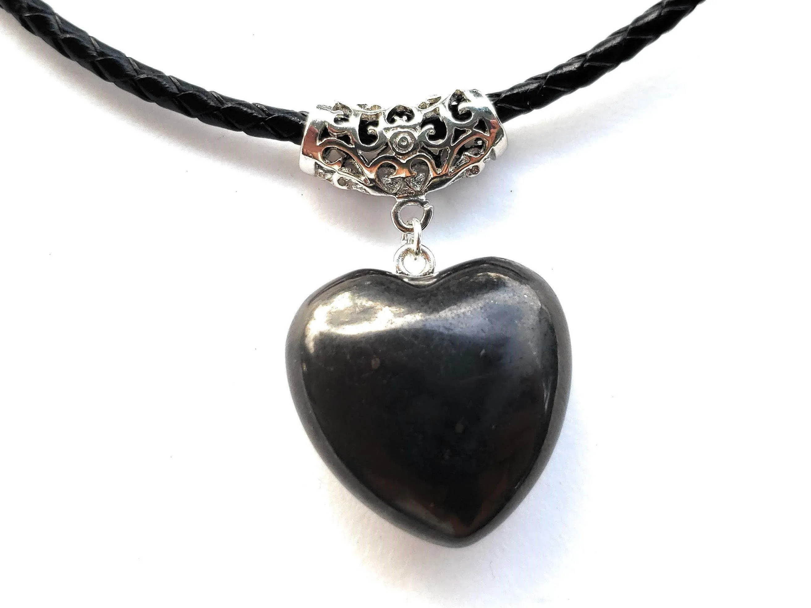 Puffy Heart Polished 100% Shungite Pendant and Leather Necklace