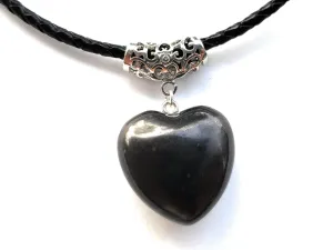 Puffy Heart Polished 100% Shungite Pendant and Leather Necklace