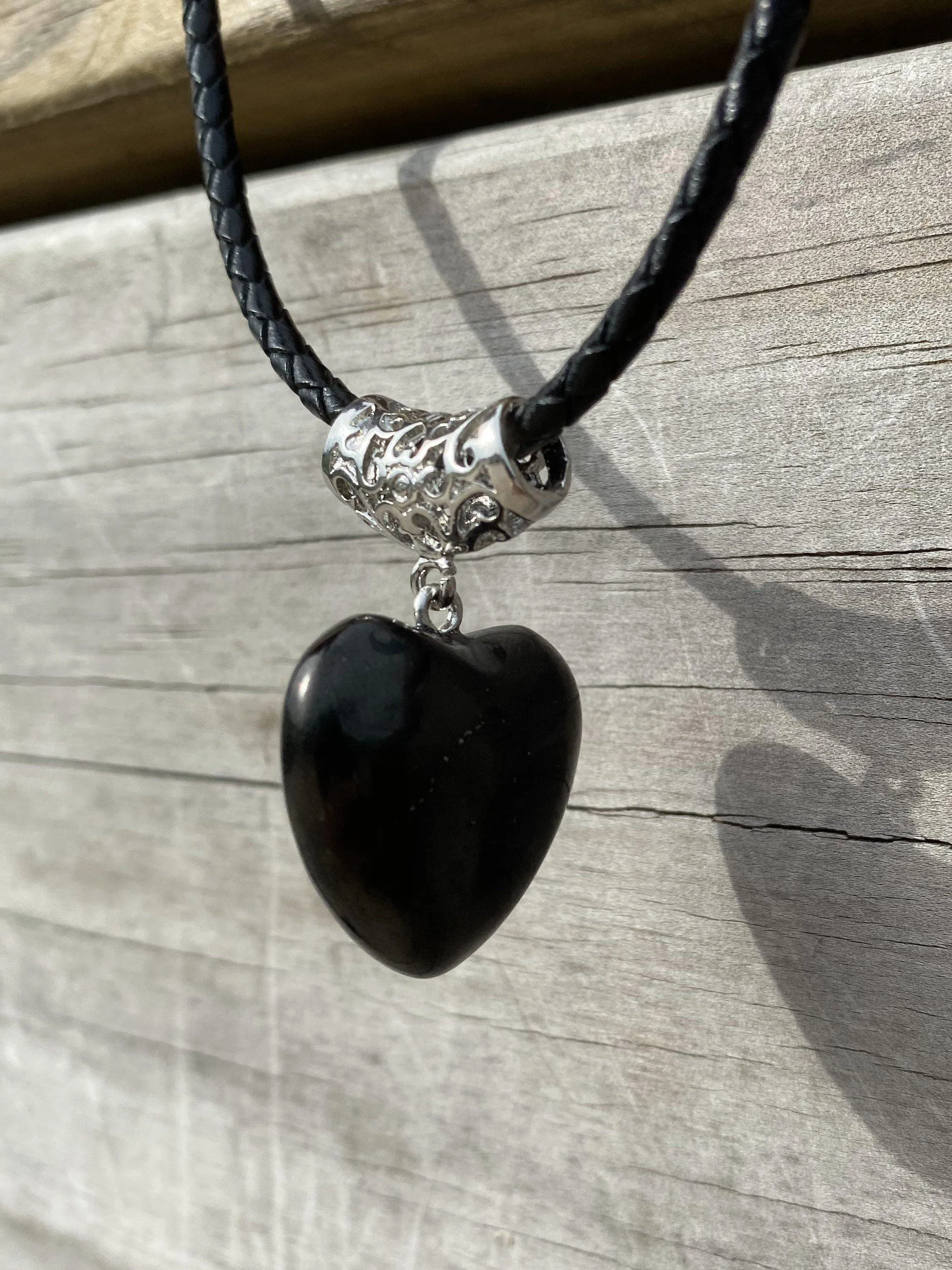 Puffy Heart Polished 100% Shungite Pendant and Leather Necklace
