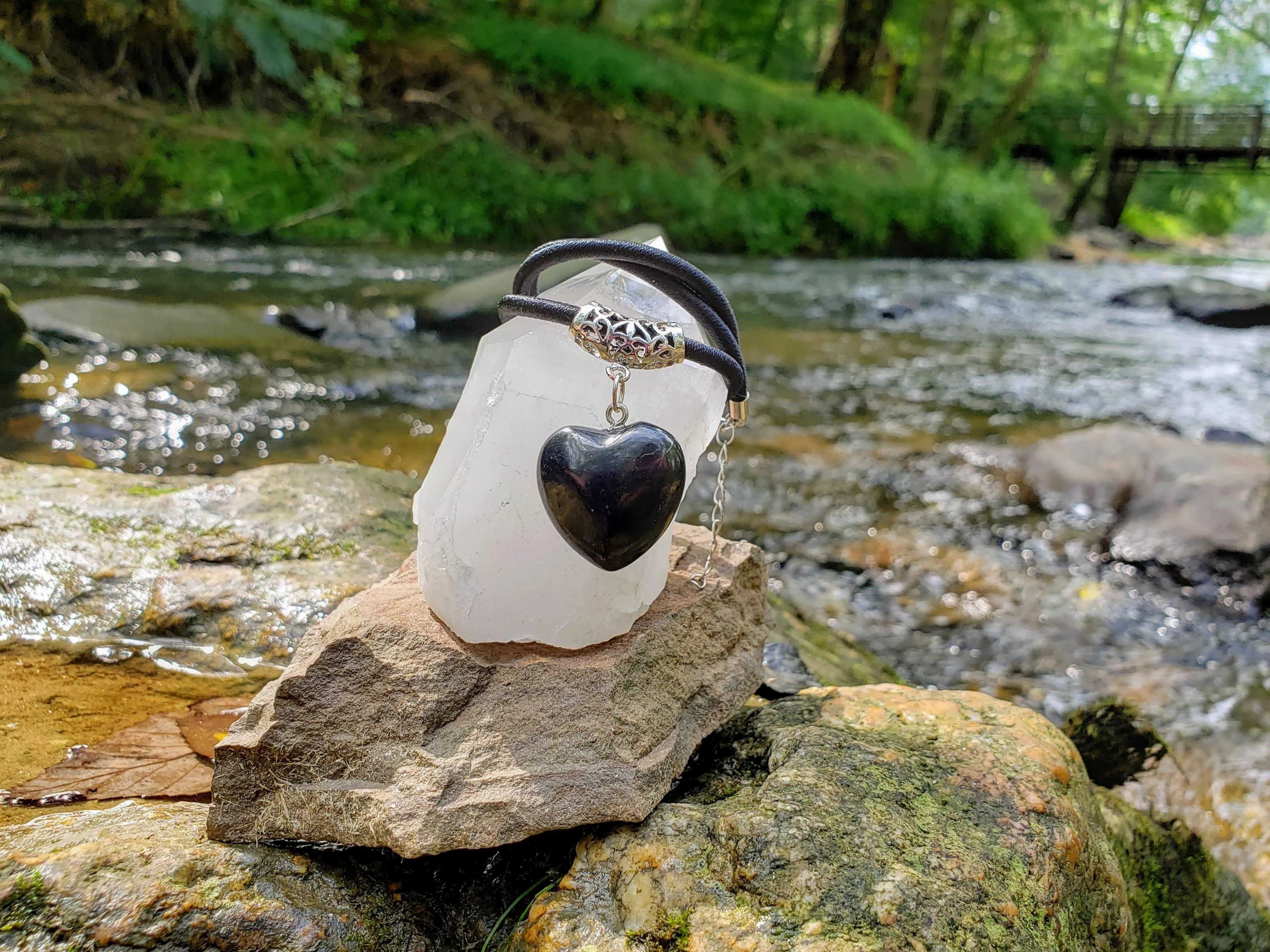 Puffy Heart Polished 100% Shungite Pendant and Leather Necklace