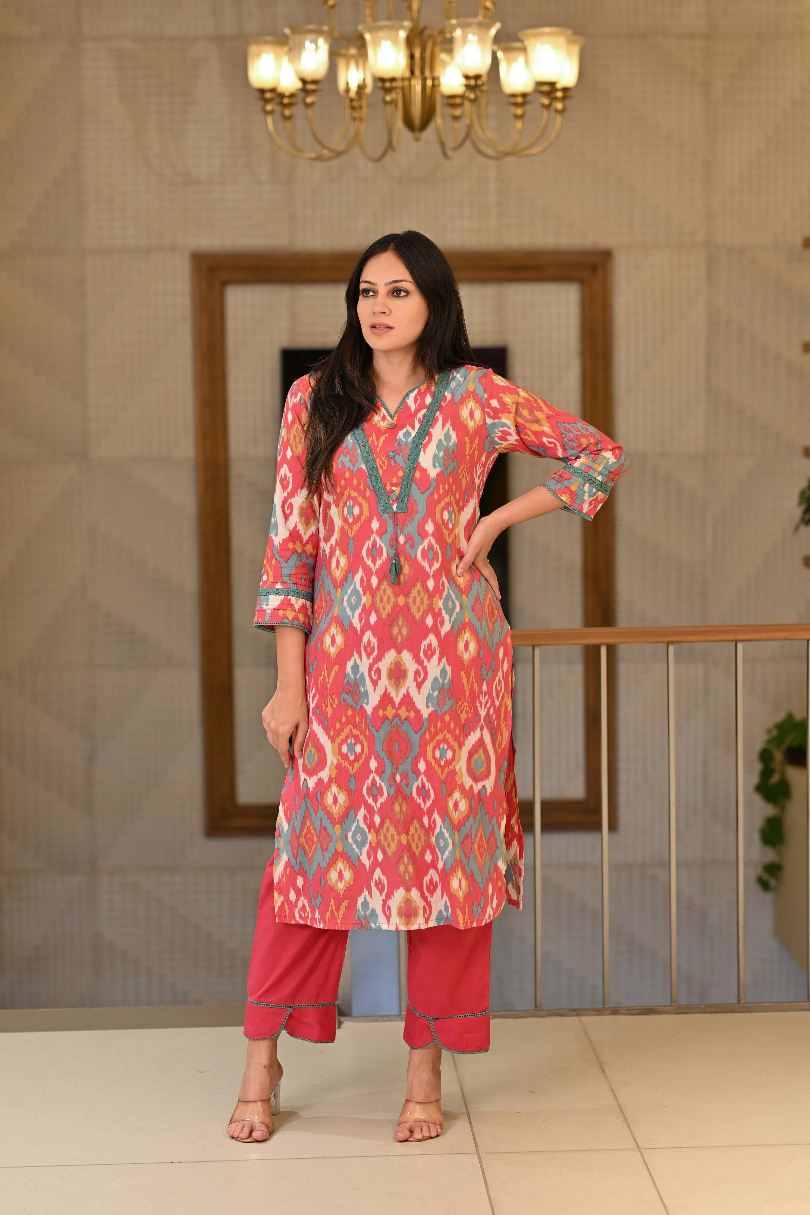 Punch Pink Ikkat Print Super Soft Cotton Kurta Pant Set