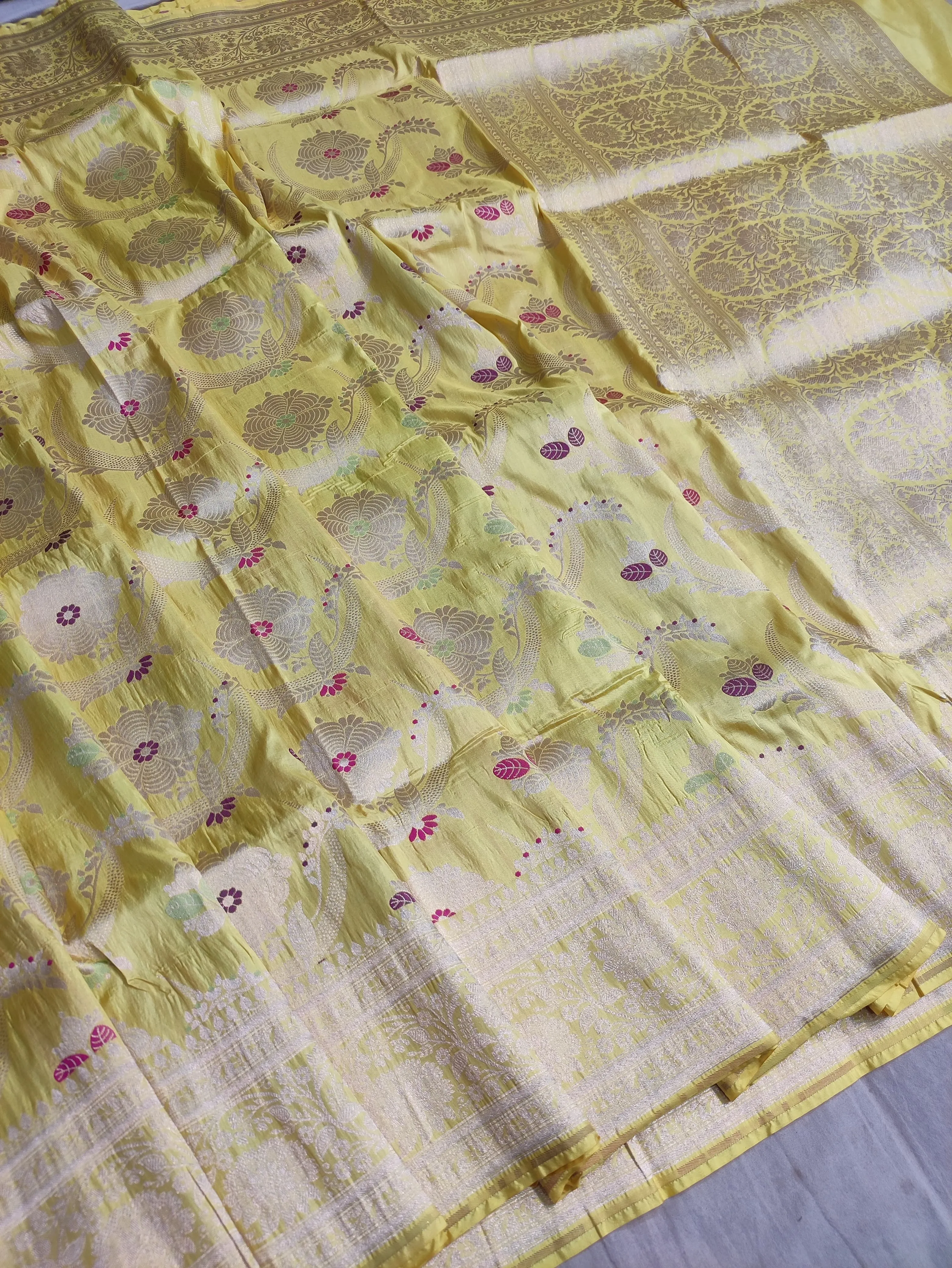 Pure banarasi with jungle boota meenakari golden Zari work saree