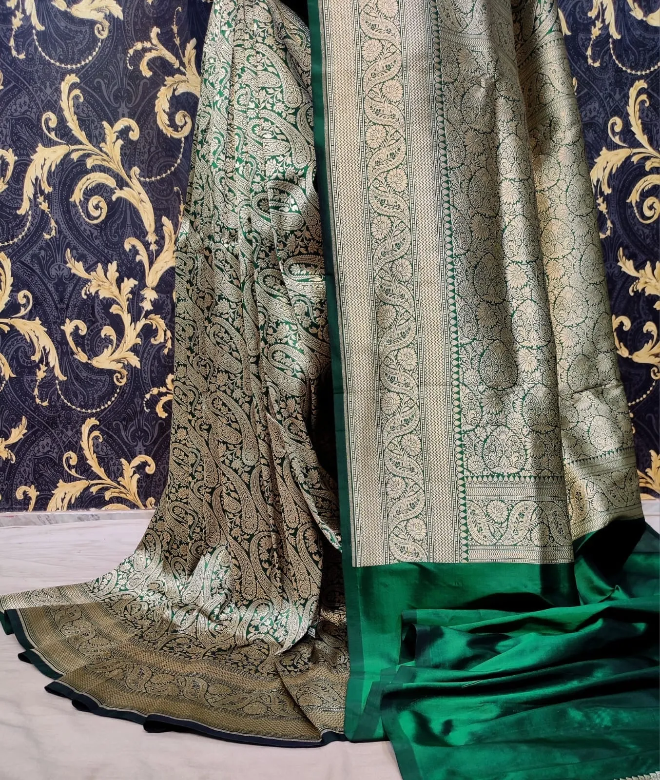 Pure banarasi with jungle boota meenakari golden Zari work saree