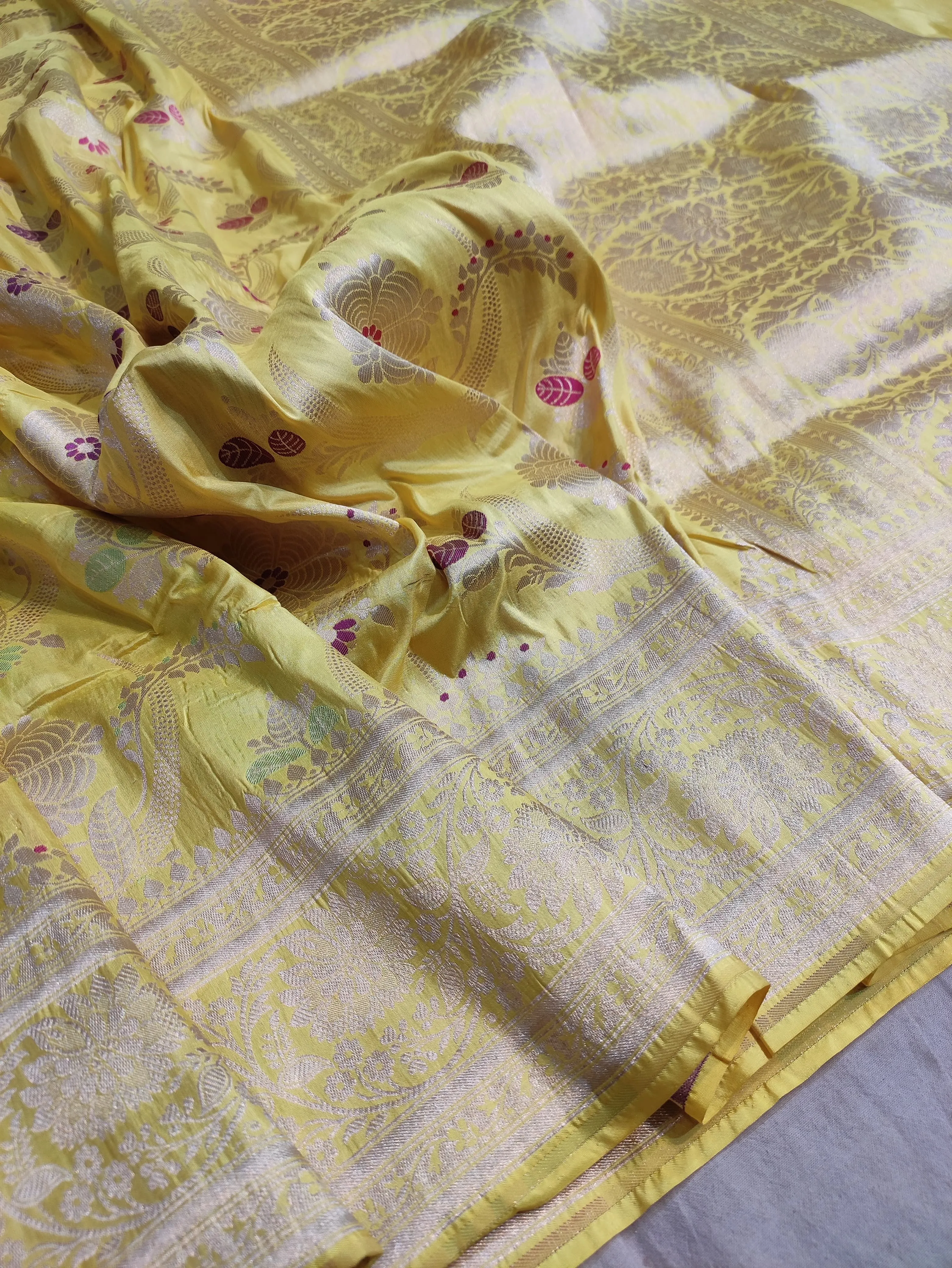 Pure banarasi with jungle boota meenakari golden Zari work saree