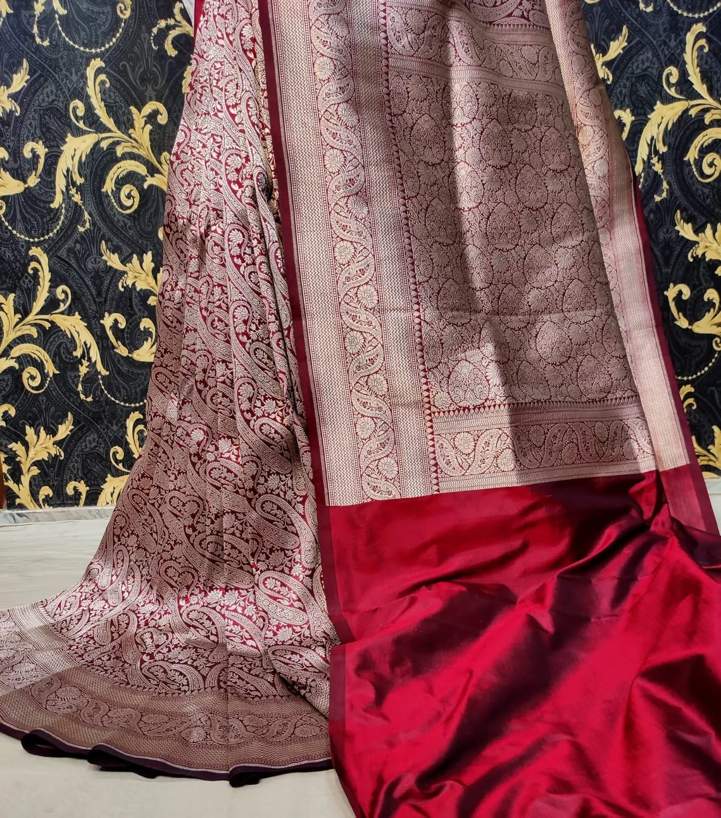 Pure banarasi with jungle boota meenakari golden Zari work saree