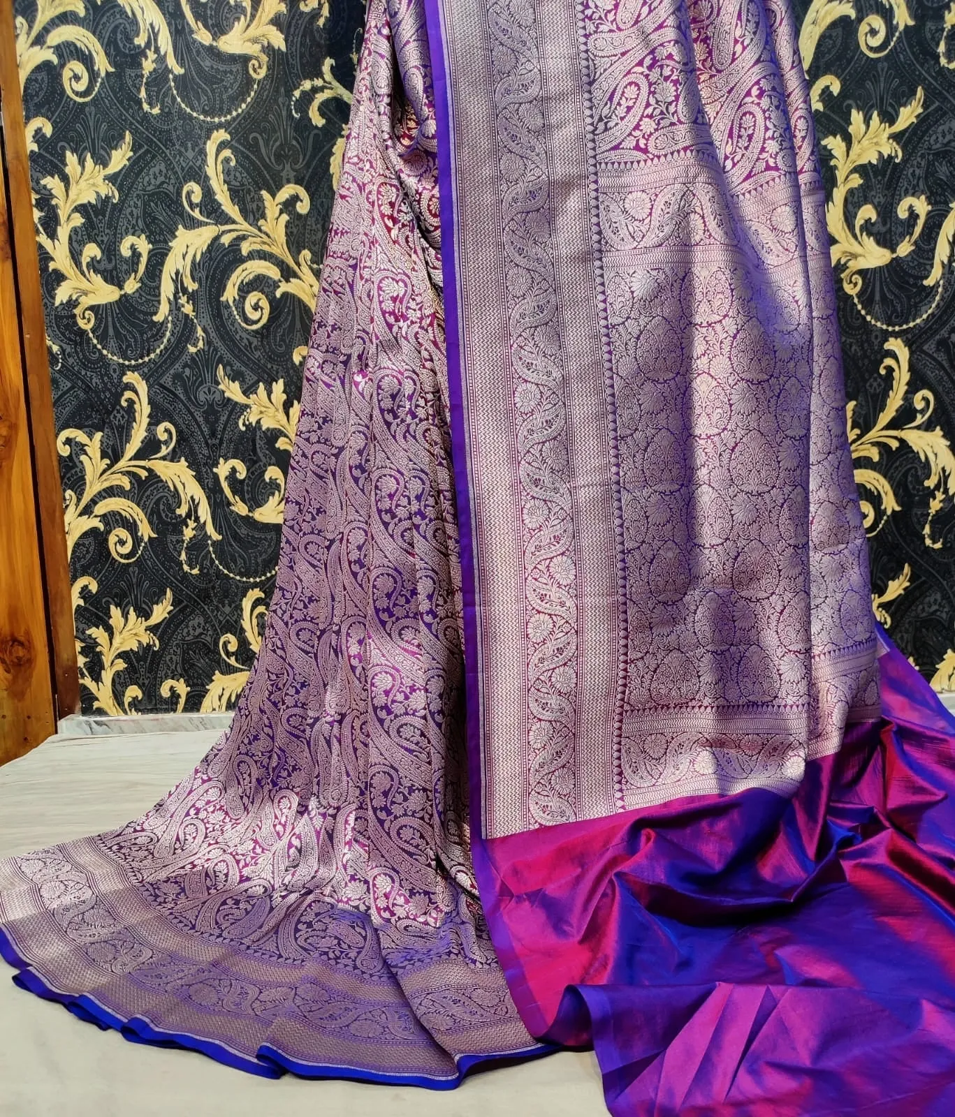 Pure banarasi with jungle boota meenakari golden Zari work saree