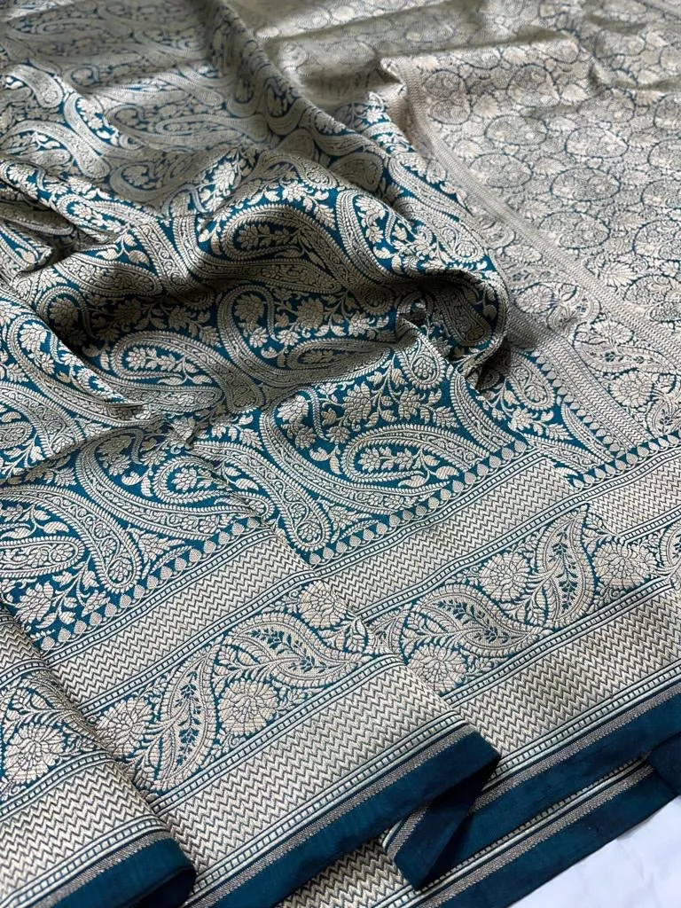 Pure banarasi with jungle boota meenakari golden Zari work saree