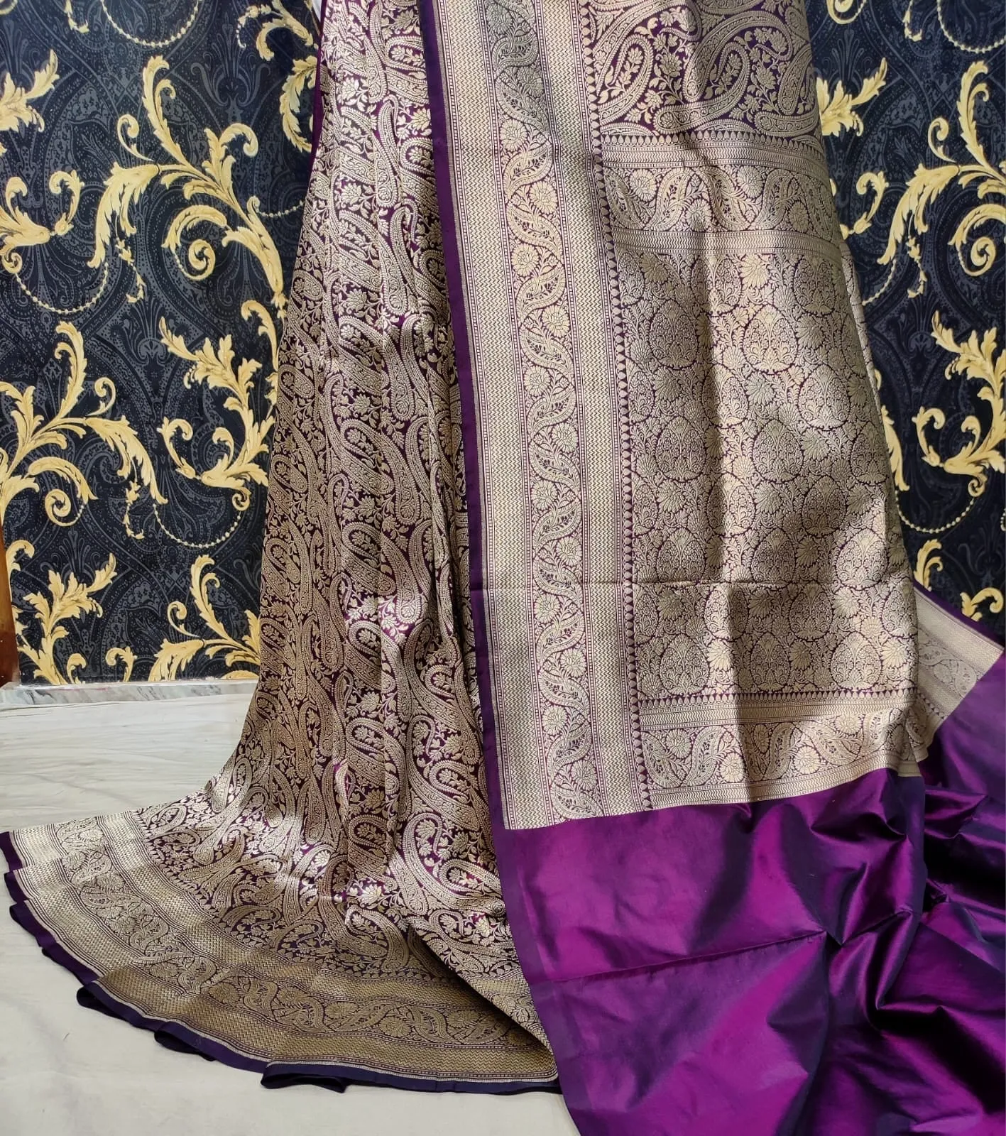Pure banarasi with jungle boota meenakari golden Zari work saree
