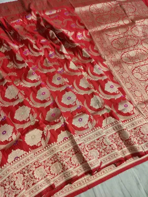 Pure banarasi with jungle boota meenakari golden Zari work saree