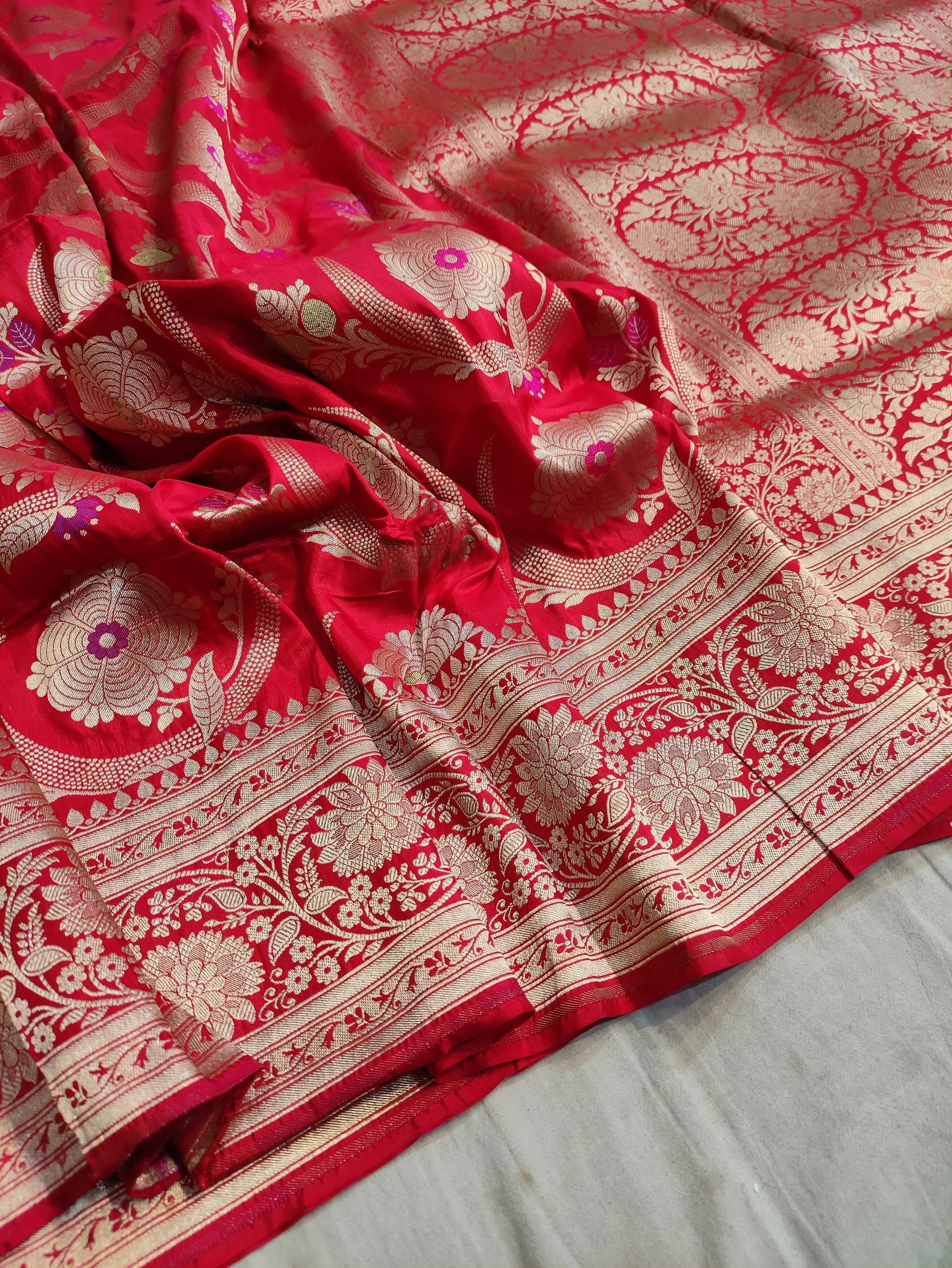 Pure banarasi with jungle boota meenakari golden Zari work saree