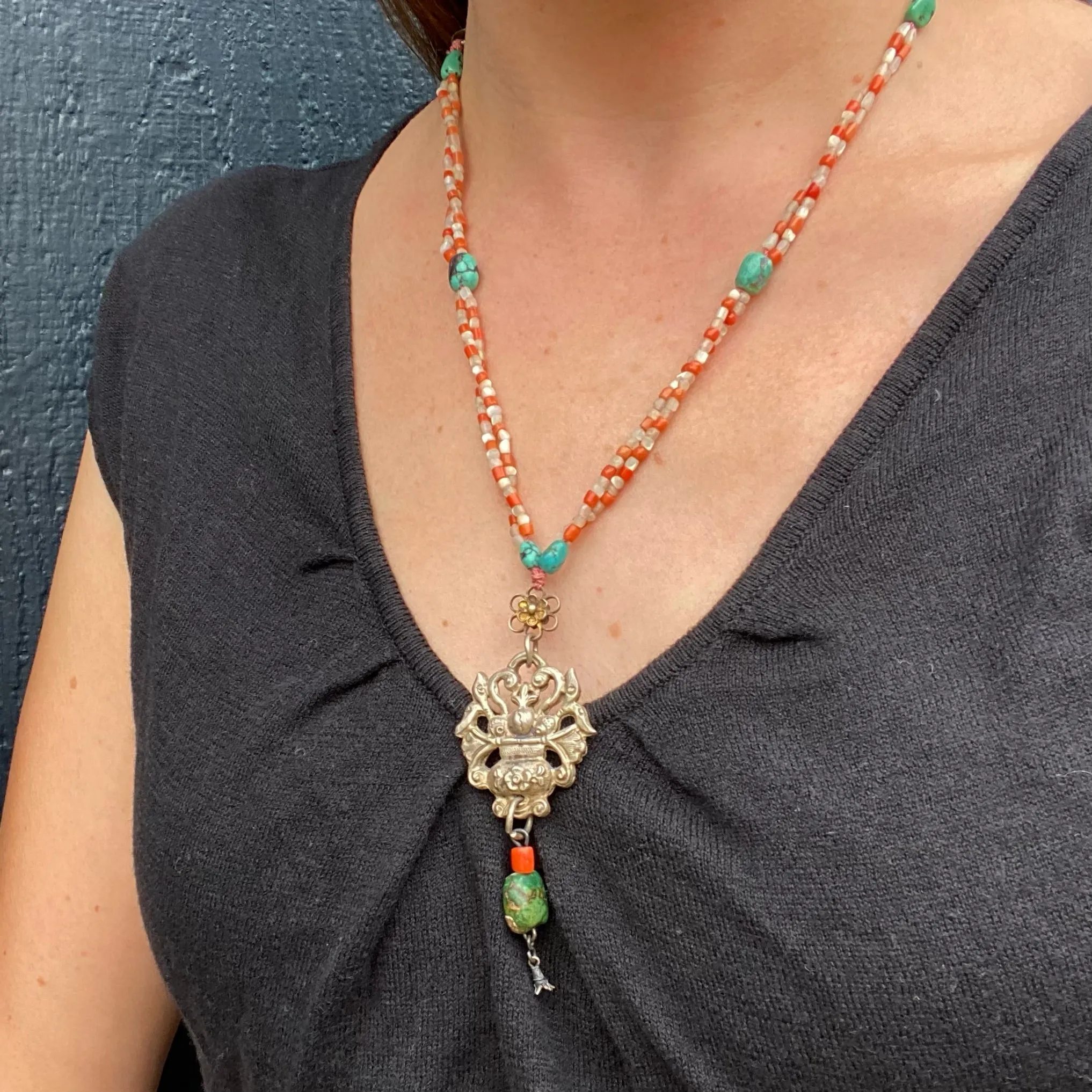 Qing Dynasty Silver Flower Basket Necklace on Beads