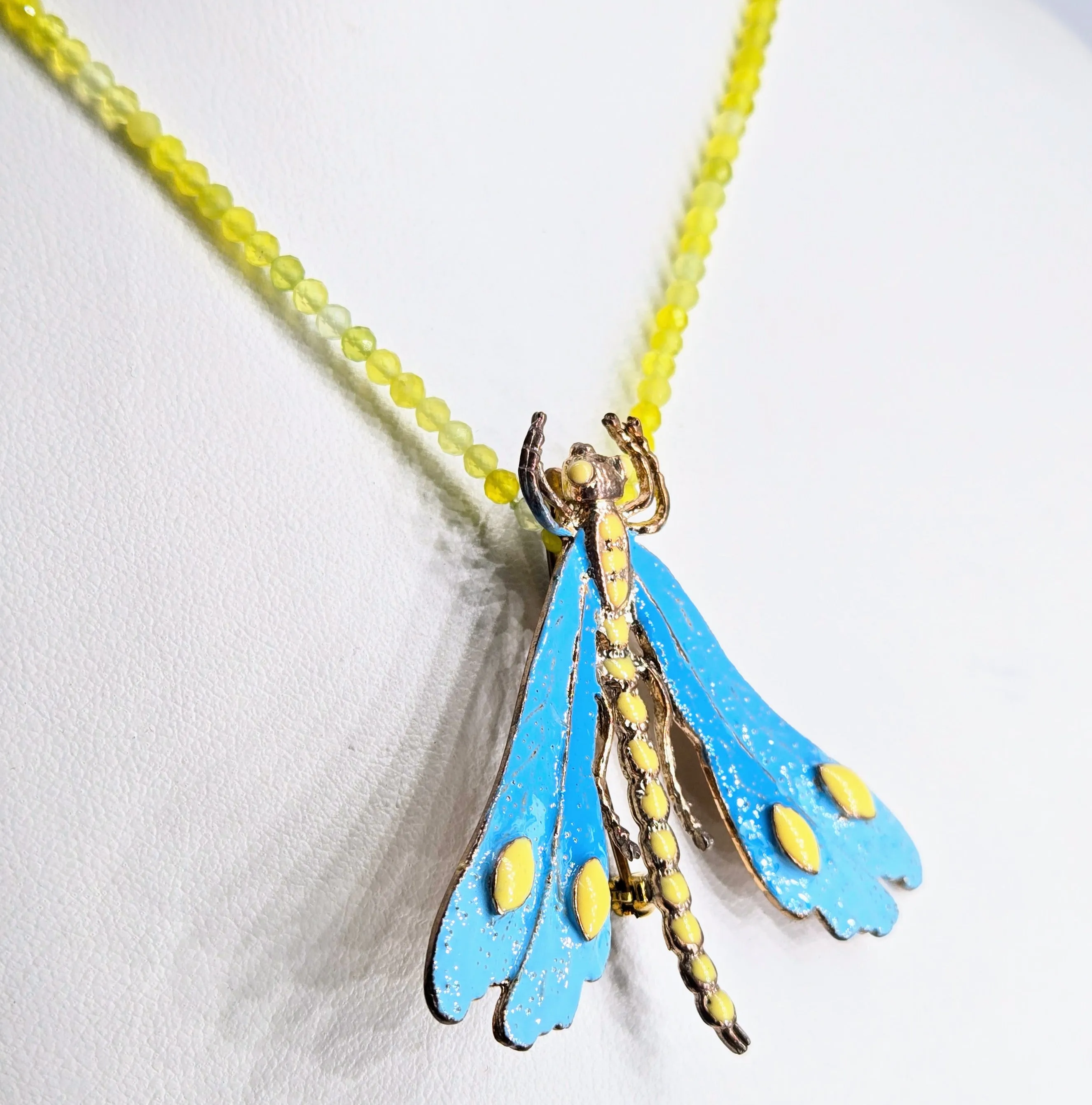 "Blue Sky Fly" Convertible Necklace/Brooch Combo - Lemon Topaz, Black Sterling, Bronze, Enamel