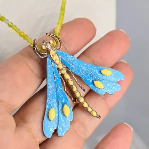 "Blue Sky Fly" Convertible Necklace/Brooch Combo - Lemon Topaz, Black Sterling, Bronze, Enamel