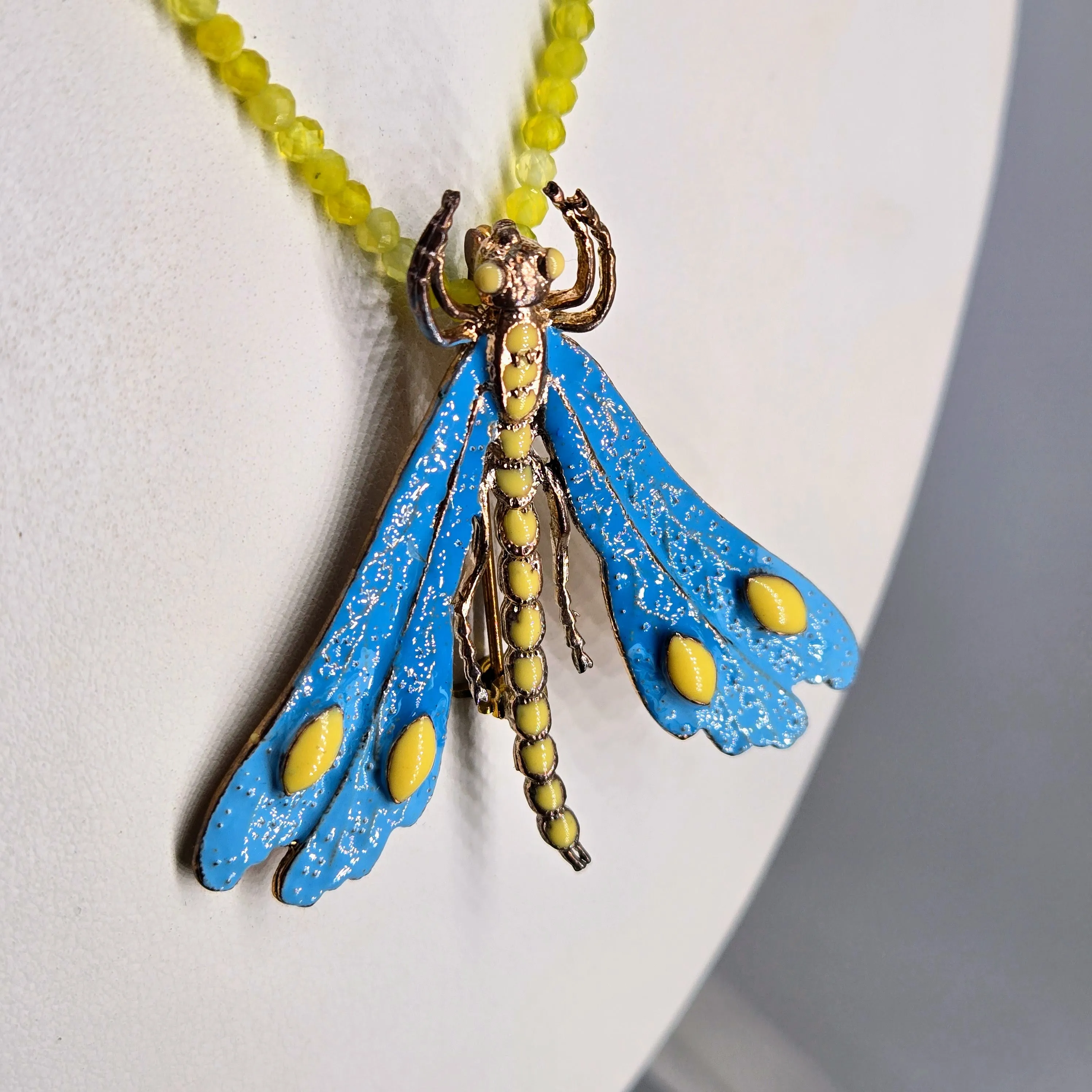 "Blue Sky Fly" Convertible Necklace/Brooch Combo - Lemon Topaz, Black Sterling, Bronze, Enamel