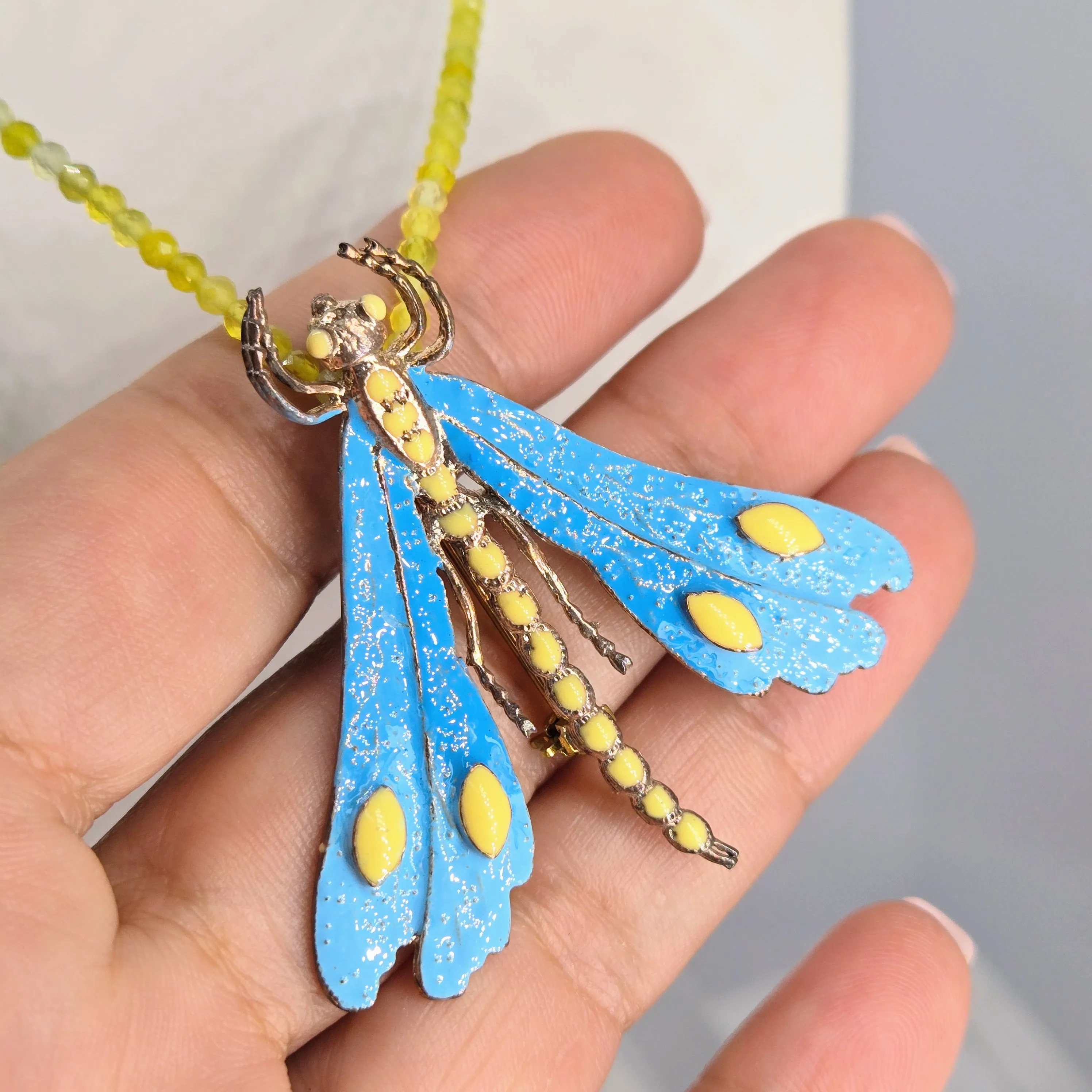 "Blue Sky Fly" Convertible Necklace/Brooch Combo - Lemon Topaz, Black Sterling, Bronze, Enamel
