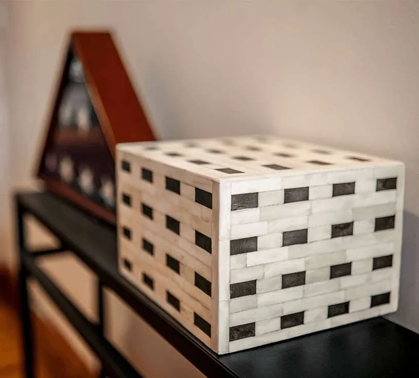 "Checkered" White and Black Horn Inlay Cremation Urn