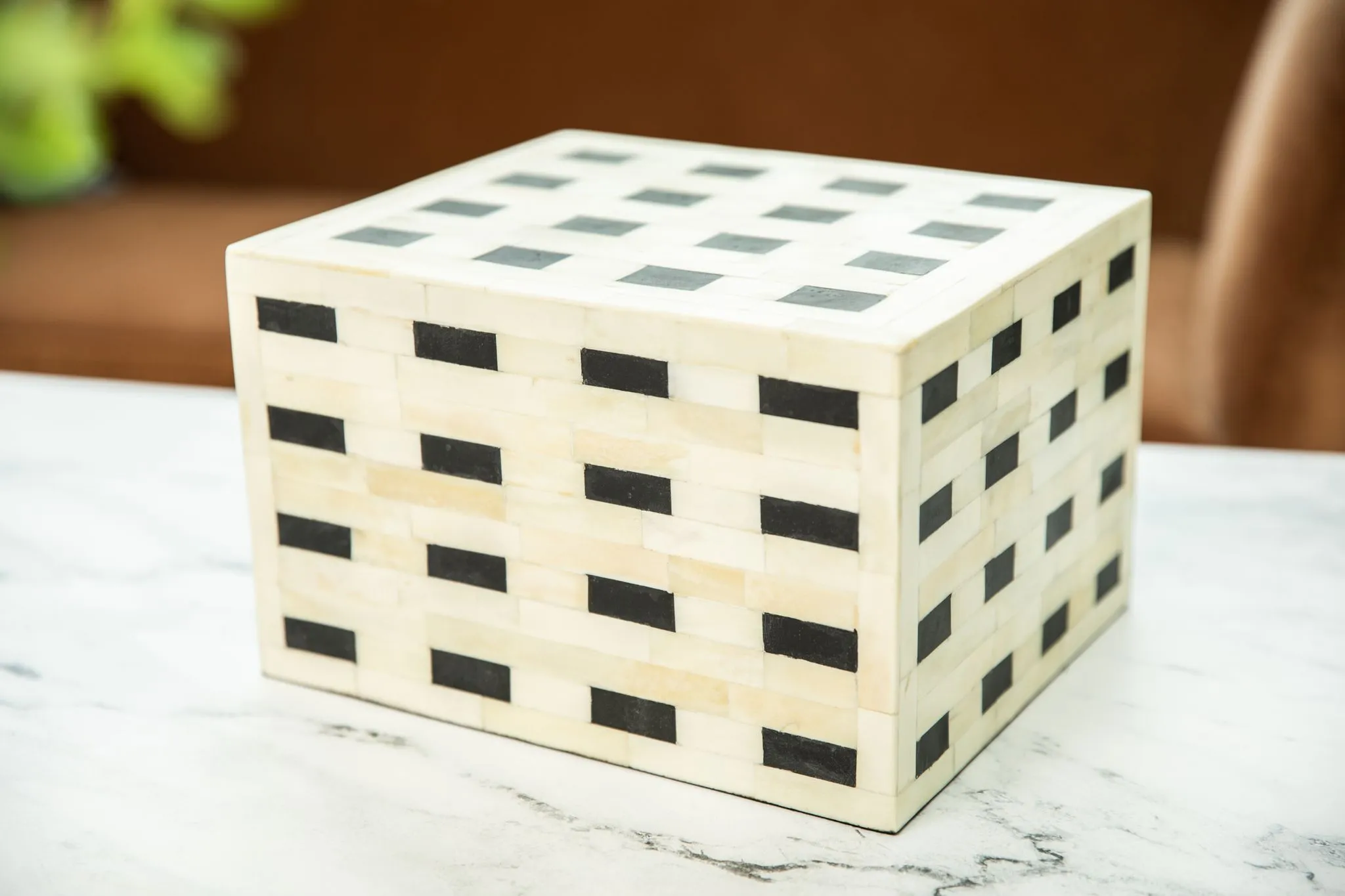 "Checkered" White and Black Horn Inlay Cremation Urn