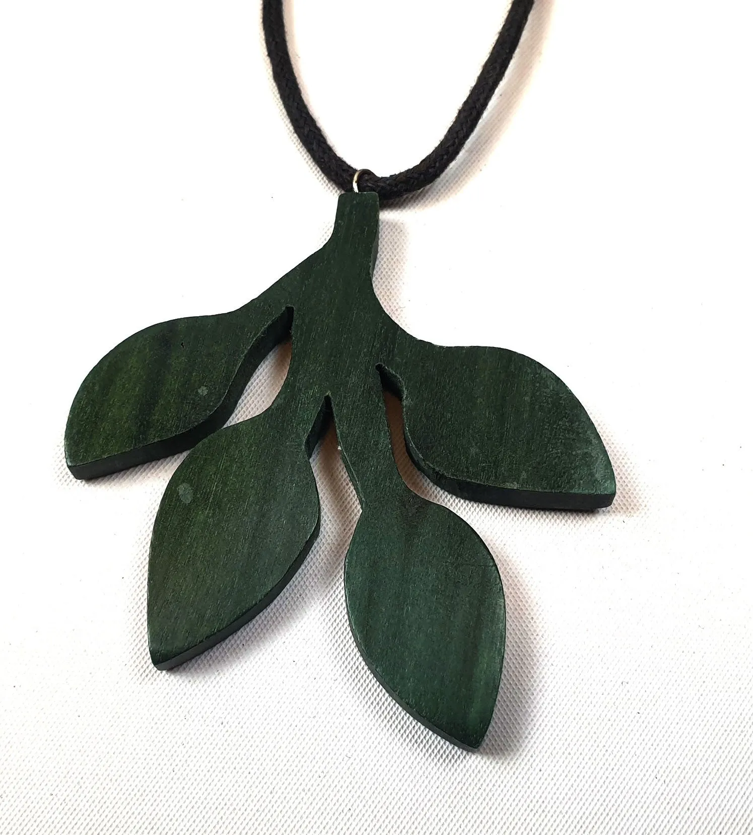Rare Rabbit non-leather black necklace with green wooden leaf