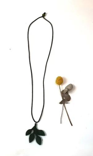 Rare Rabbit non-leather black necklace with green wooden leaf
