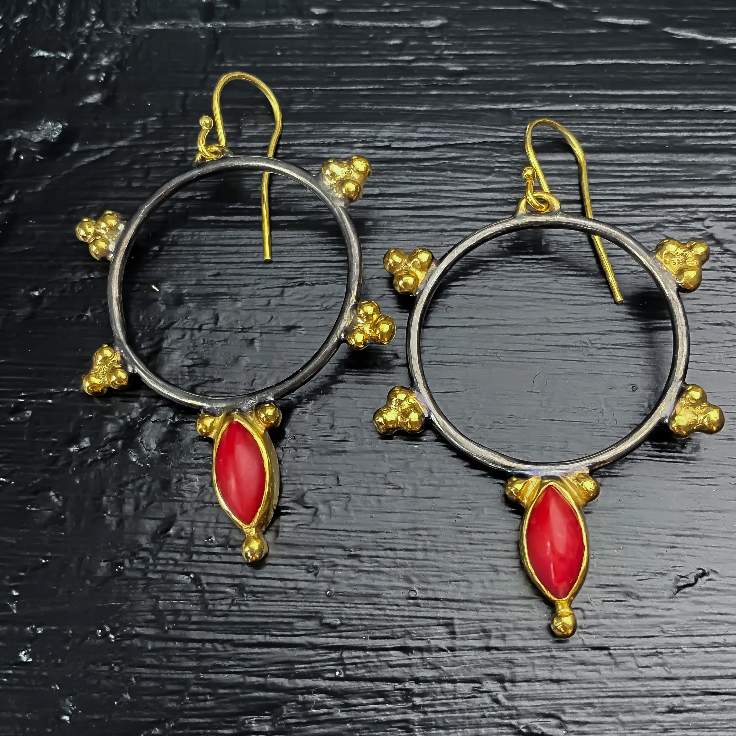 Red Coral Black & Gold Hoop Earrings Sterling Silver