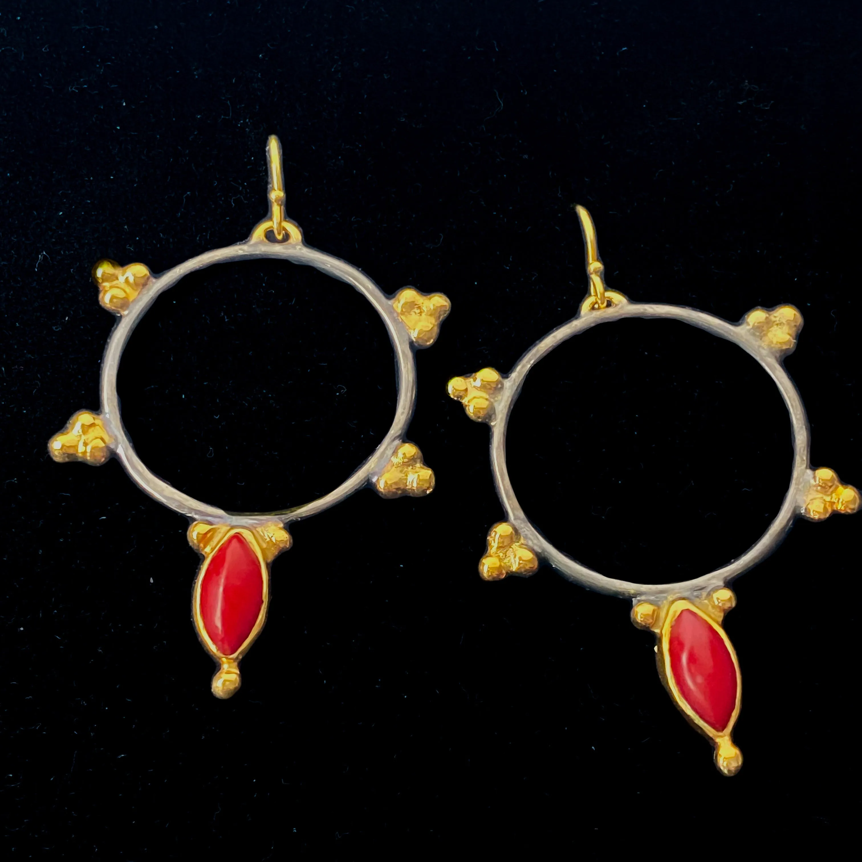 Red Coral Black & Gold Hoop Earrings Sterling Silver