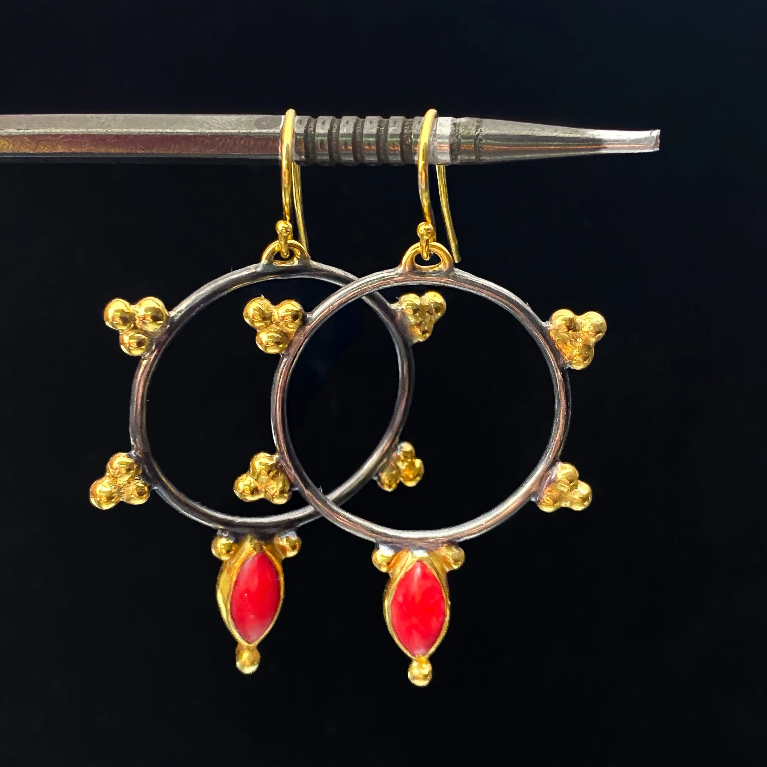 Red Coral Black & Gold Hoop Earrings Sterling Silver