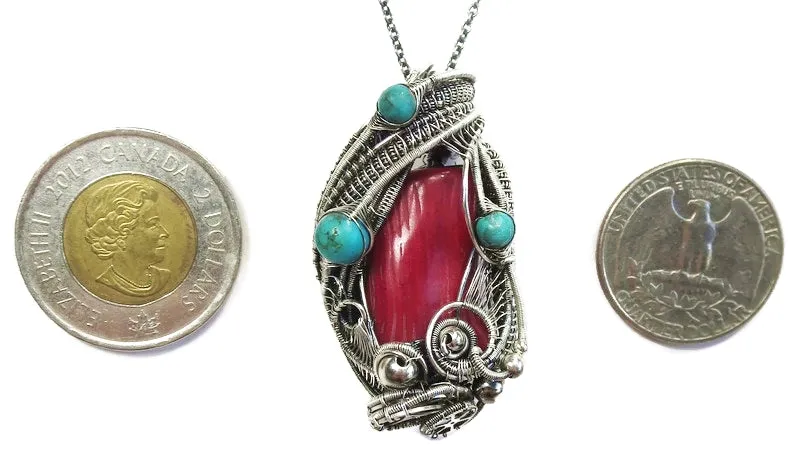 Red Coral Steampunk Pendant with Turquoise and Watch Gears