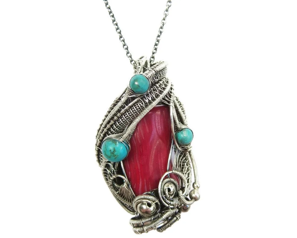 Red Coral Steampunk Pendant with Turquoise and Watch Gears