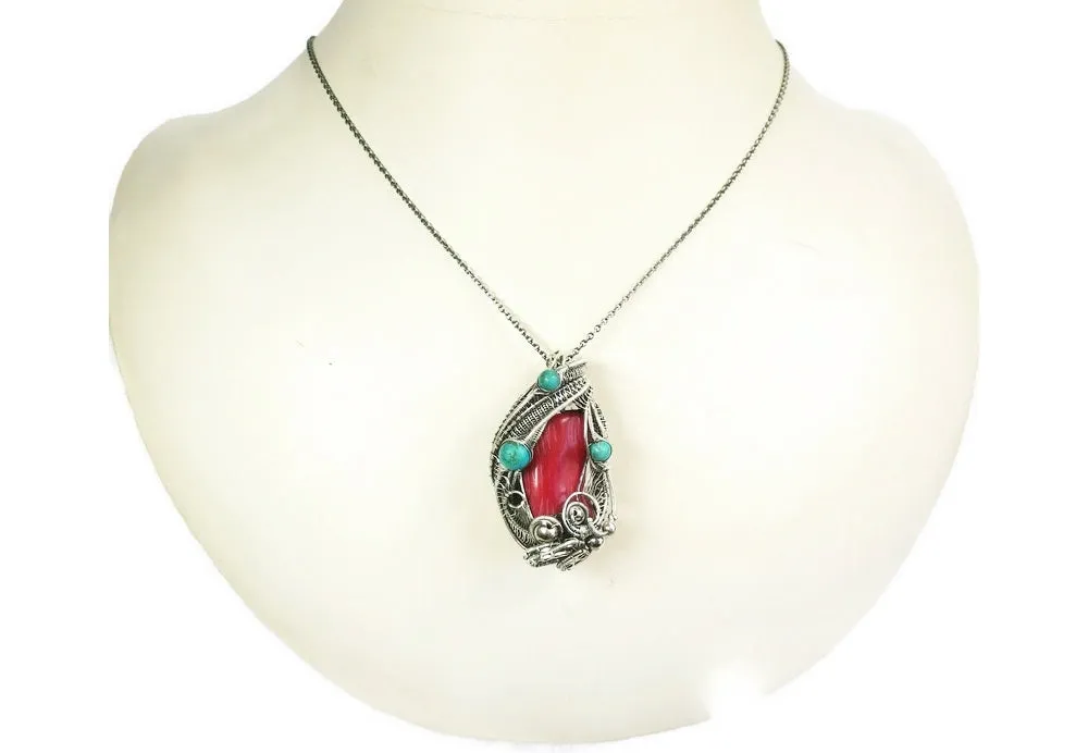 Red Coral Steampunk Pendant with Turquoise and Watch Gears