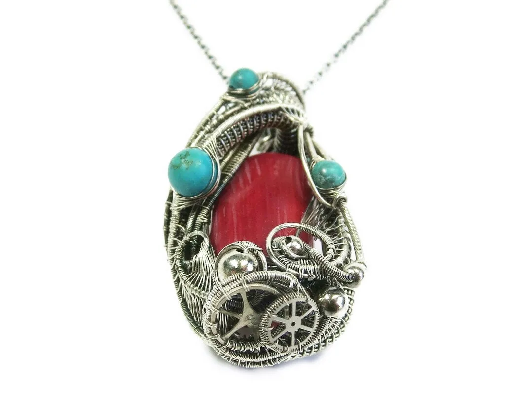 Red Coral Steampunk Pendant with Turquoise and Watch Gears