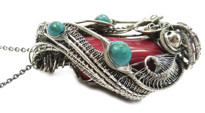 Red Coral Steampunk Pendant with Turquoise and Watch Gears