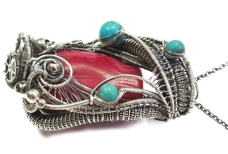 Red Coral Steampunk Pendant with Turquoise and Watch Gears