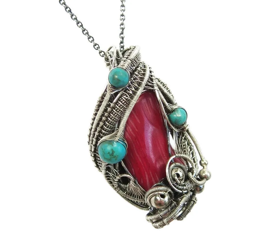Red Coral Steampunk Pendant with Turquoise and Watch Gears