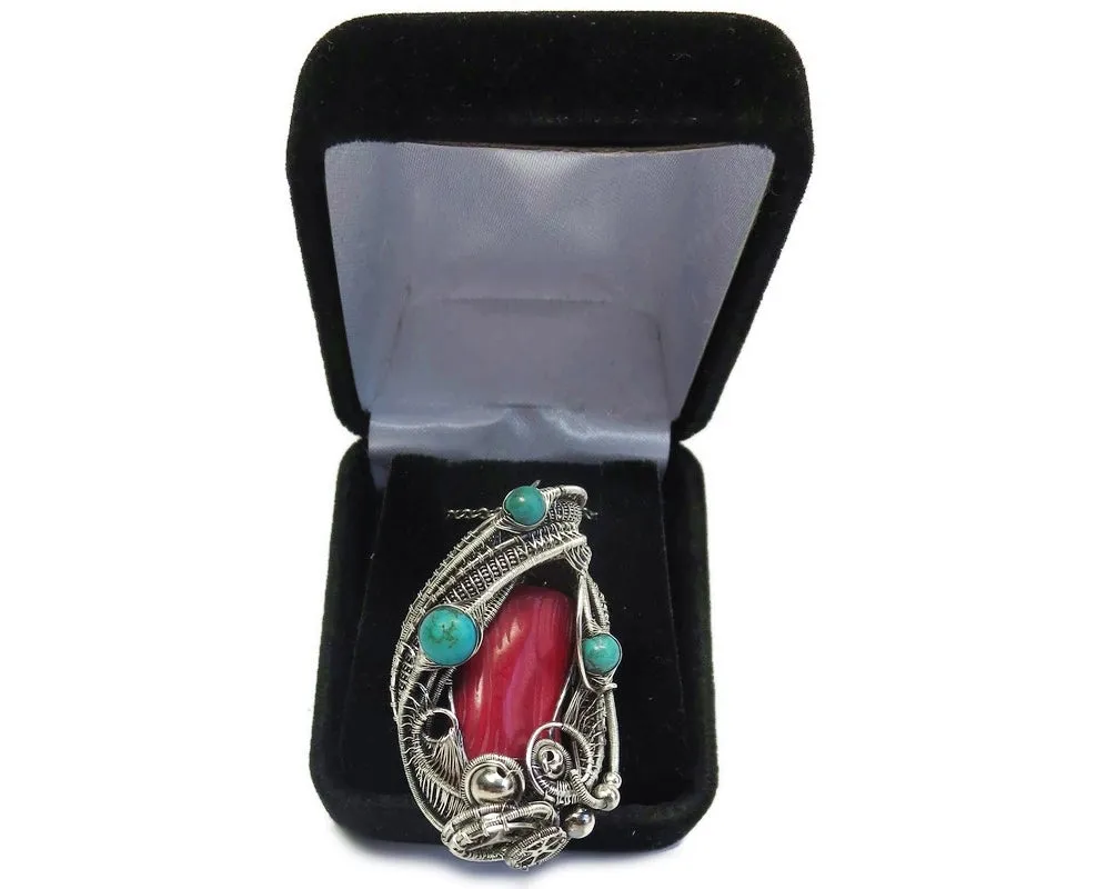 Red Coral Steampunk Pendant with Turquoise and Watch Gears