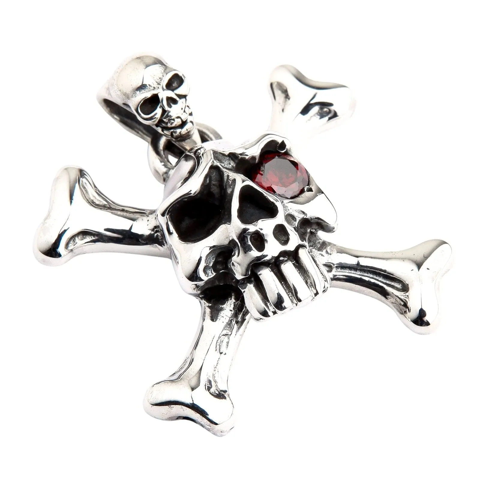 Red Eyes Skull Crossbones Sterling Silver Pendant Necklace