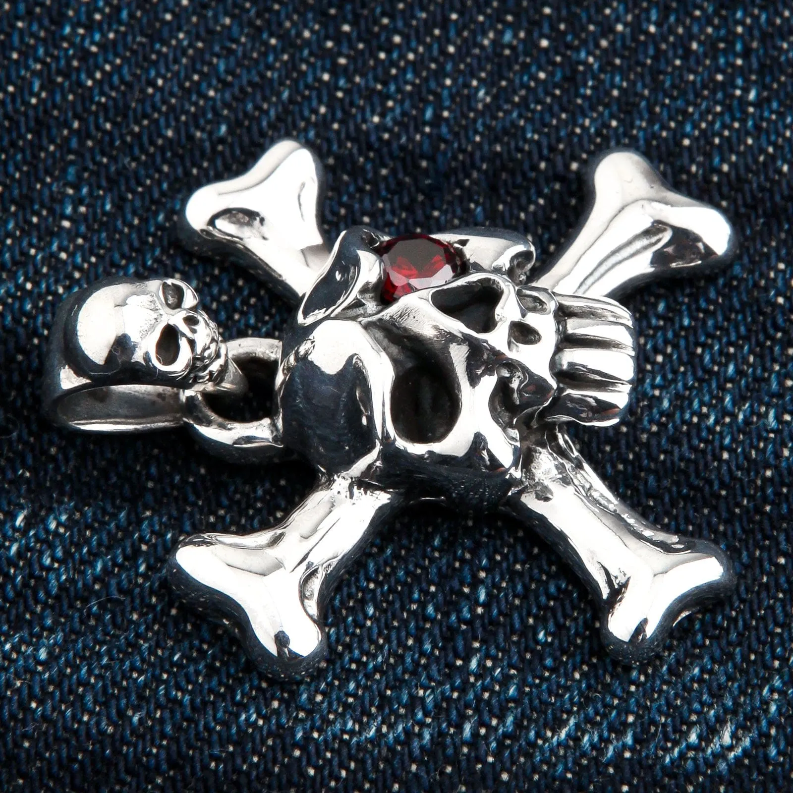 Red Eyes Skull Crossbones Sterling Silver Pendant Necklace