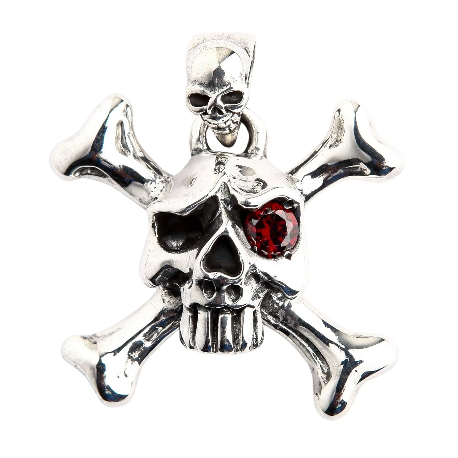 Red Eyes Skull Crossbones Sterling Silver Pendant Necklace