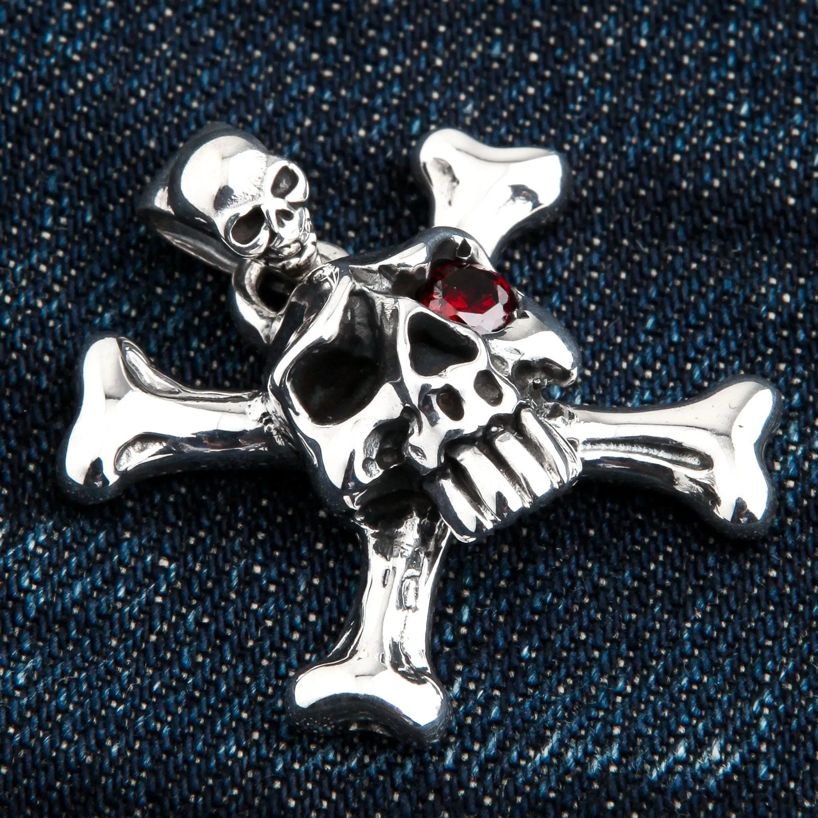 Red Eyes Skull Crossbones Sterling Silver Pendant Necklace