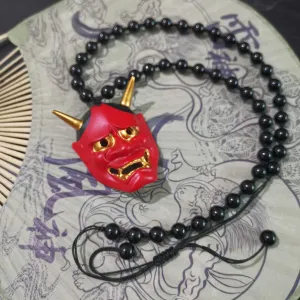 Red Hannya Mask Pendant Necklace